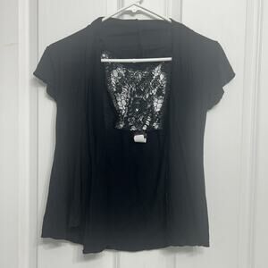 Agenda Black Short Sleeve Cardigan Crochet Lace Detail Women's Size Medium